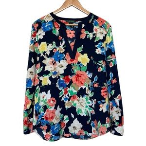 Lauren Ralph Lauren | Navy Watercolor Floral Popover Blouse | Size Large